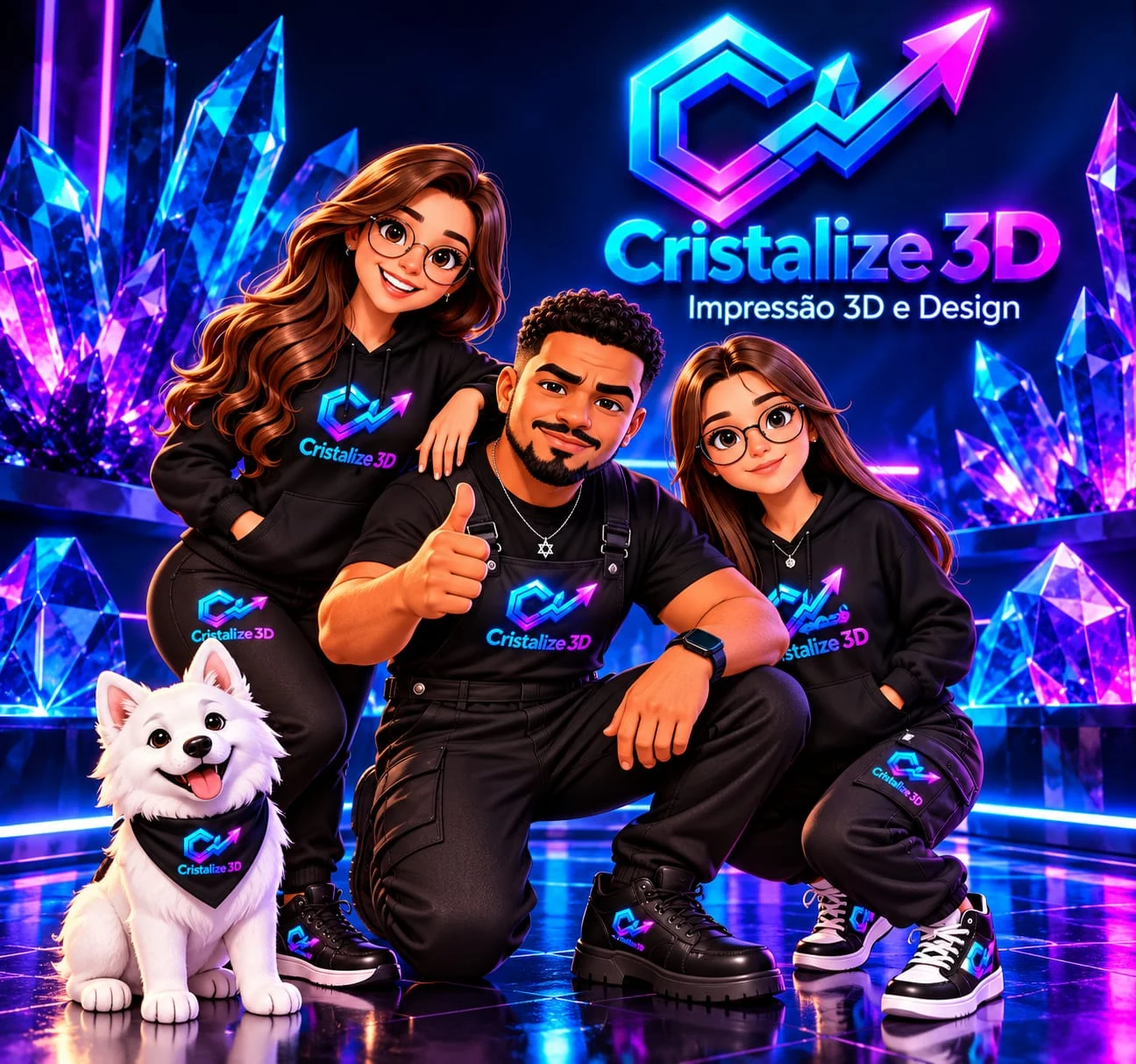 Ilustração da marca Cristalize3D com três personagens e um cachorro em um cenário de cristais ciano e roxos