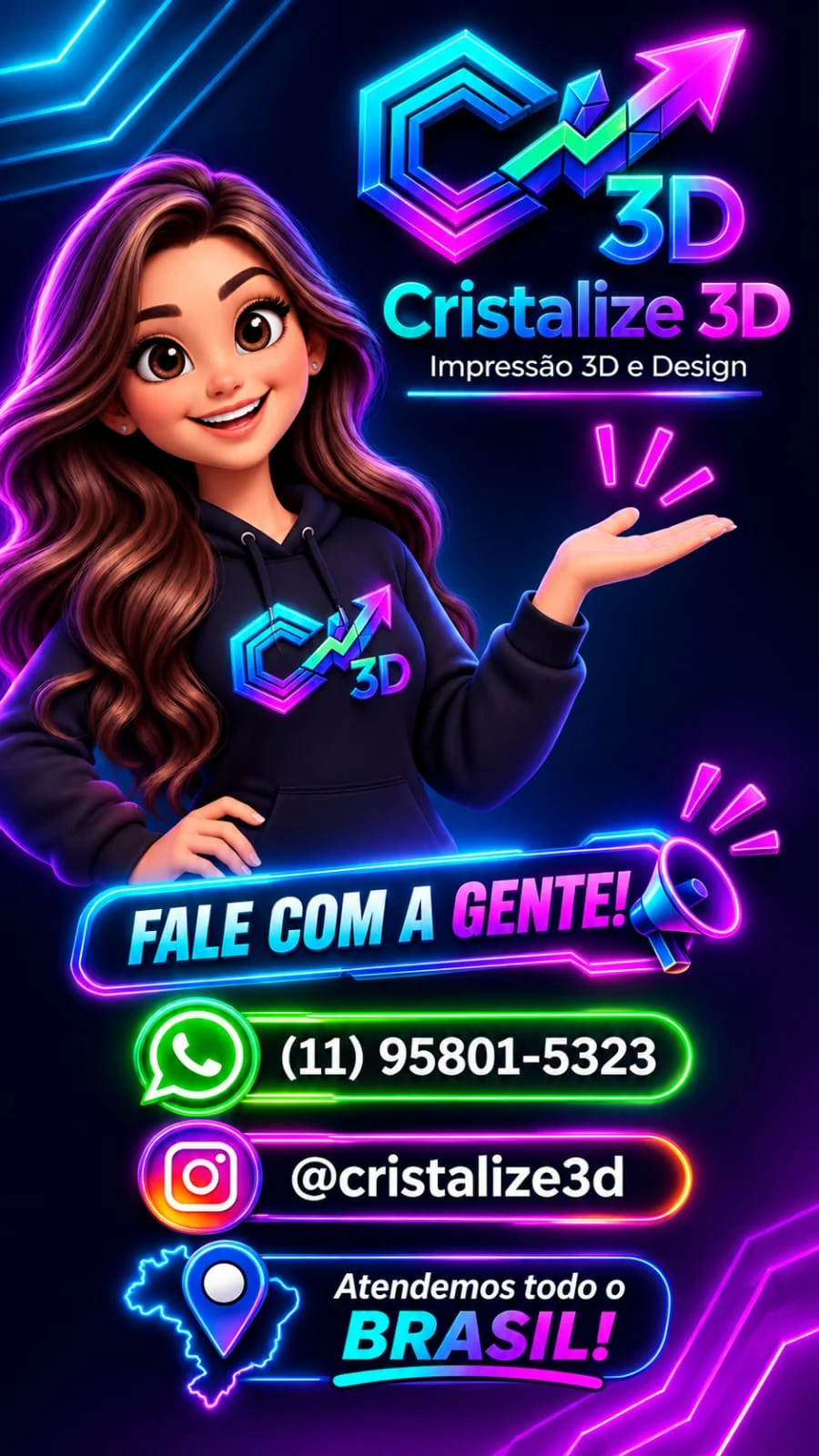 Mascote da Cristalize3D com a identidade original em ciano e roxo